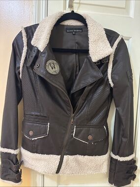 Affliction Brown Faux Leather Jacket with Cream Shearling Trim